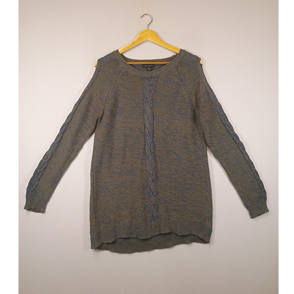 Boho‎ Tribal Womens L Green Blue Cold Shoulder Cable Knit Cotton Sweater Tunic